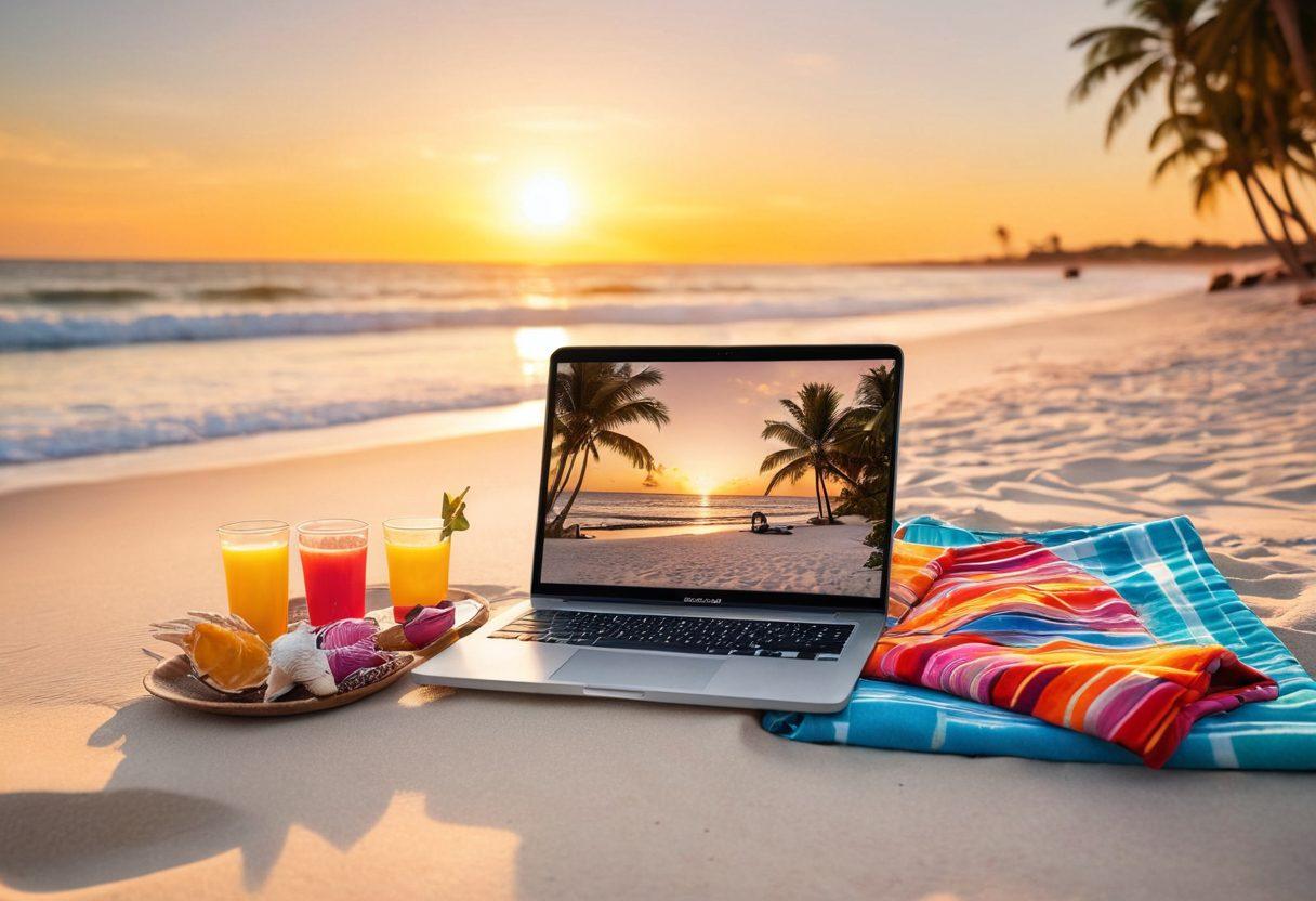 A serene beach scene featuring vibrant swimwear laid out artistically on soft white sands, a laptop displaying PDF and JPEG icons next to a refreshing drink. The sun sets in the background, casting warm golden hues, while tropical palm trees sway gently. Include scattered seashells and beach towels for a relaxed vibe, inviting viewers to embrace the joy of swimwear photography. super-realistic. vibrant colors. soft focus.