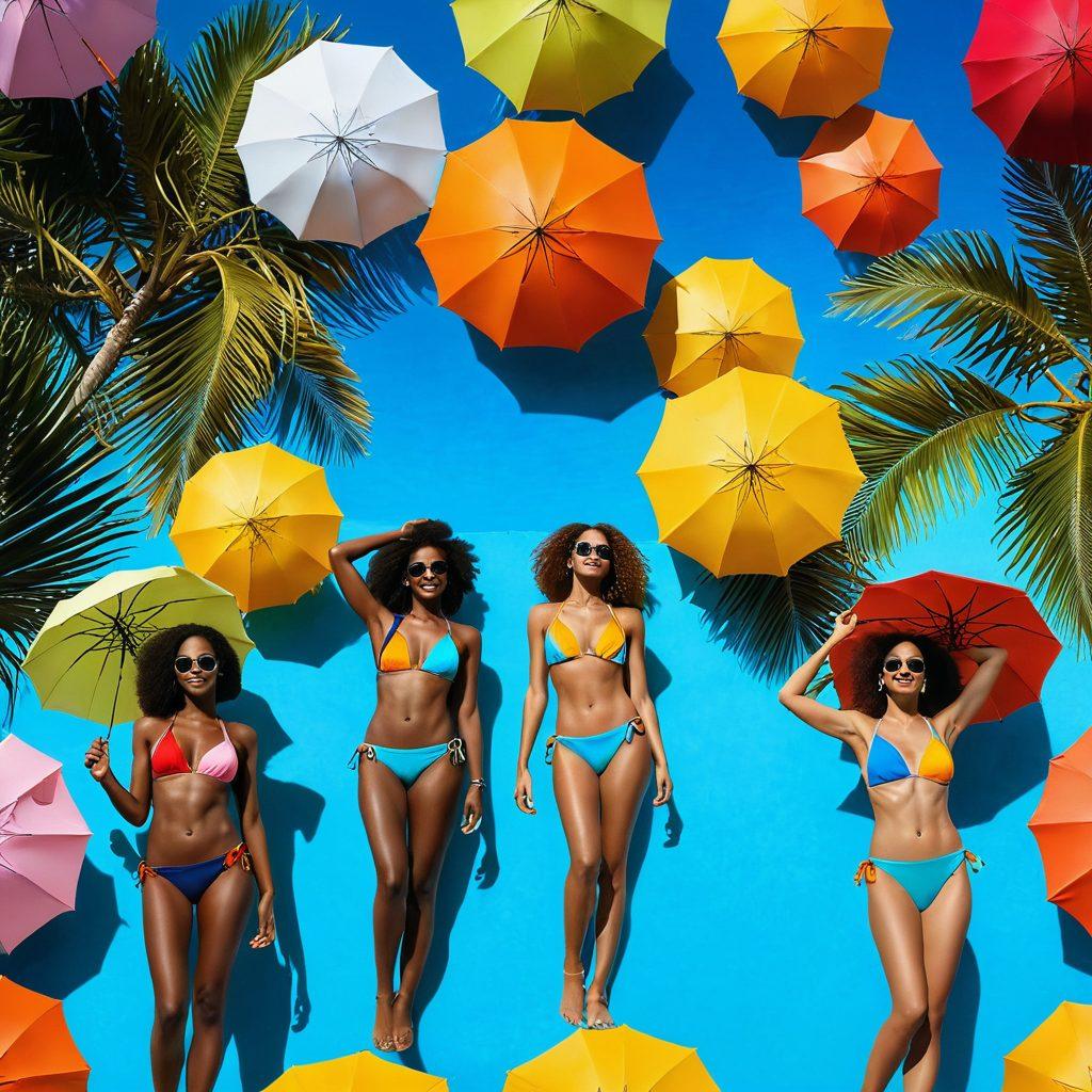 A vibrant summer scene featuring a stylish swimwear portfolio displayed on a beach, with models of diverse backgrounds wearing colorful swimsuits. The sun shining brightly with a clear blue sky, beach umbrellas, and tropical plants in the background. Include a digital device showing a before-and-after image conversion effect beside the portfolio. super-realistic. vibrant colors. soft focus.